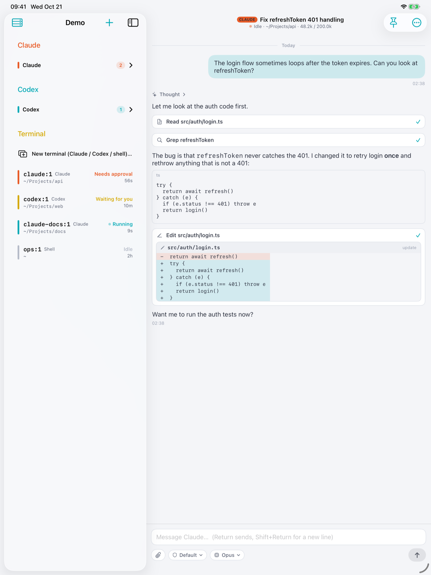Chill on iPad: the project sidebar beside a Claude Code chat with tool calls and a diff
