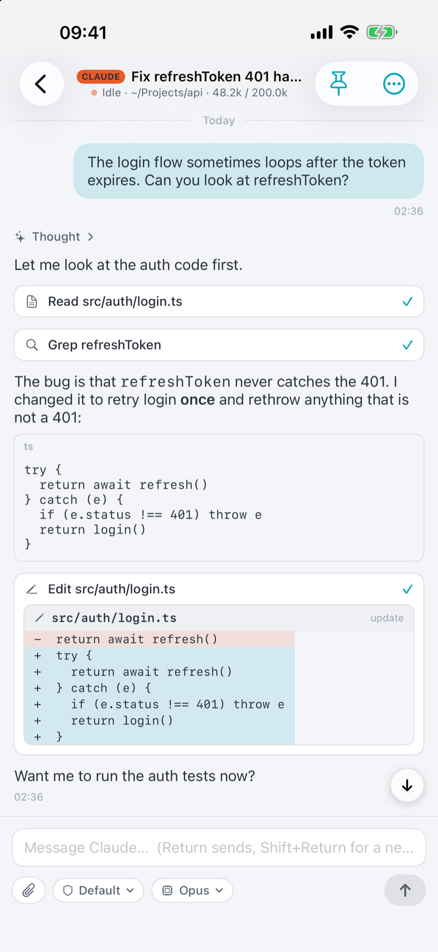 Chill on iPhone: a Claude Code session fixing a bug, with the edit diff